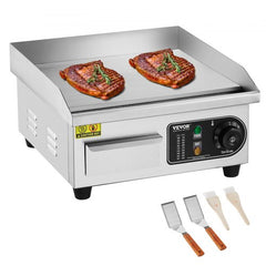 Commercial Electric Griddle, 1700W Countertop Flat Top Grill, 122℉-572 ℉ Adjustable Temp, 14.17 x 11.81 x 0.39in Stainless Steel Griddle Grill with 2 Shovels and 2 Brushes for Home or Restaurant