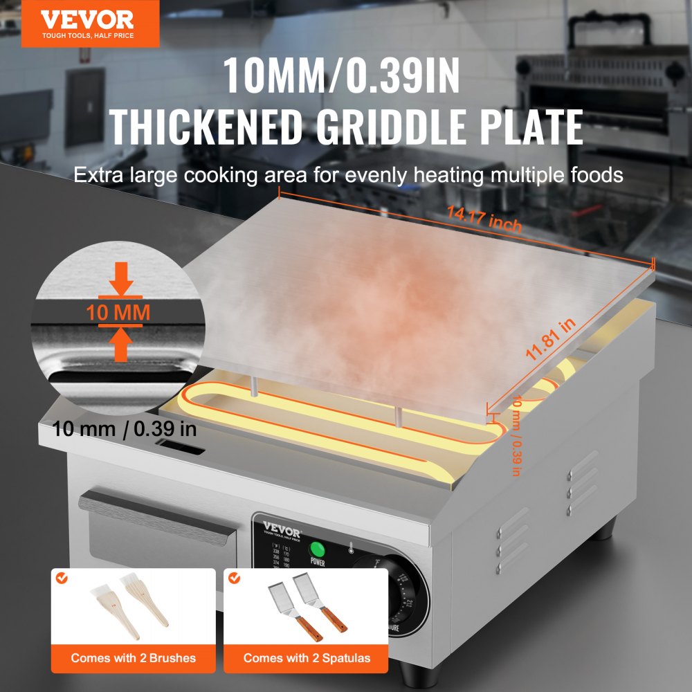 Commercial Electric Griddle, 1700W Countertop Flat Top Grill, 122℉-572 ℉ Adjustable Temp, 14.17 x 11.81 x 0.39in Stainless Steel Griddle Grill with 2 Shovels and 2 Brushes for Home or Restaurant