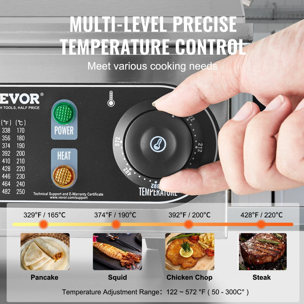 Commercial Electric Griddle, 1700W Countertop Flat Top Grill, 122℉-572 ℉ Adjustable Temp, 14.17 x 11.81 x 0.39in Stainless Steel Griddle Grill with 2 Shovels and 2 Brushes for Home or Restaurant