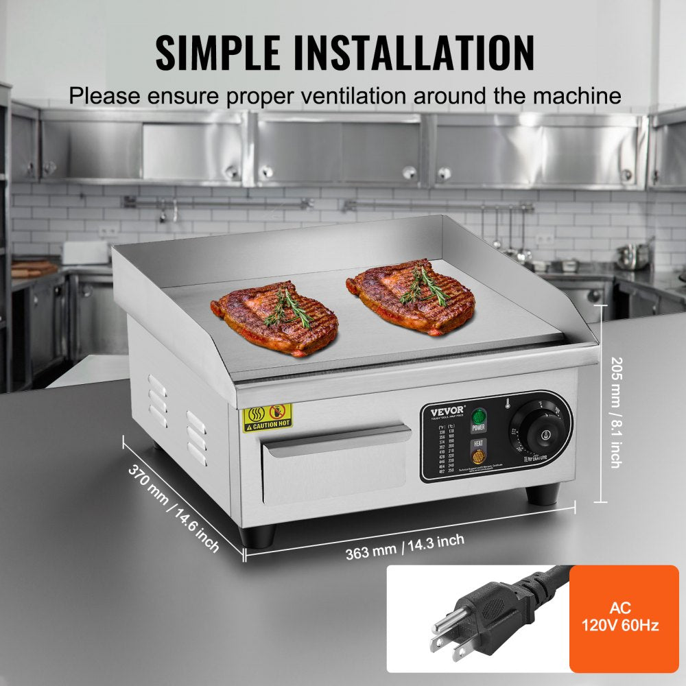 Commercial Electric Griddle, 1700W Countertop Flat Top Grill, 122℉-572 ℉ Adjustable Temp, 14.17 x 11.81 x 0.39in Stainless Steel Griddle Grill with 2 Shovels and 2 Brushes for Home or Restaurant