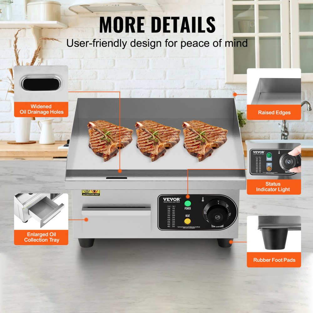 Commercial Electric Griddle, 1700W Countertop Flat Top Grill, 122℉-572 ℉ Adjustable Temp, 14.17 x 11.81 x 0.39in Stainless Steel Griddle Grill with 2 Shovels and 2 Brushes for Home or Restaurant