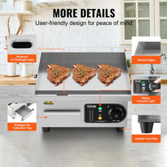 Commercial Electric Griddle, 1700W Countertop Flat Top Grill, 122℉-572 ℉ Adjustable Temp, 14.17 x 11.81 x 0.39in Stainless Steel Griddle Grill with 2 Shovels and 2 Brushes for Home or Restaurant