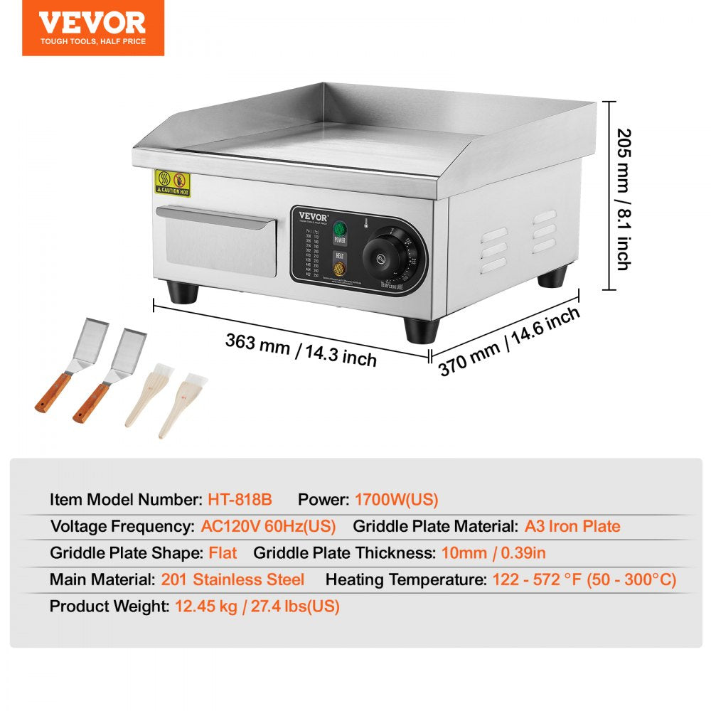Commercial Electric Griddle, 1700W Countertop Flat Top Grill, 122℉-572 ℉ Adjustable Temp, 14.17 x 11.81 x 0.39in Stainless Steel Griddle Grill with 2 Shovels and 2 Brushes for Home or Restaurant
