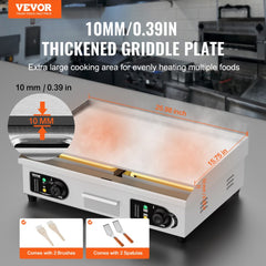 Commercial Electric Griddle, 2800W Countertop Flat Top Grill, 122℉-572 ℉ Adjustable Temp, 25.98 x 15.75 x 0.39in Stainless Steel Griddle Grill with 2 Shovels and 2 Brushes for Home or Restaurant