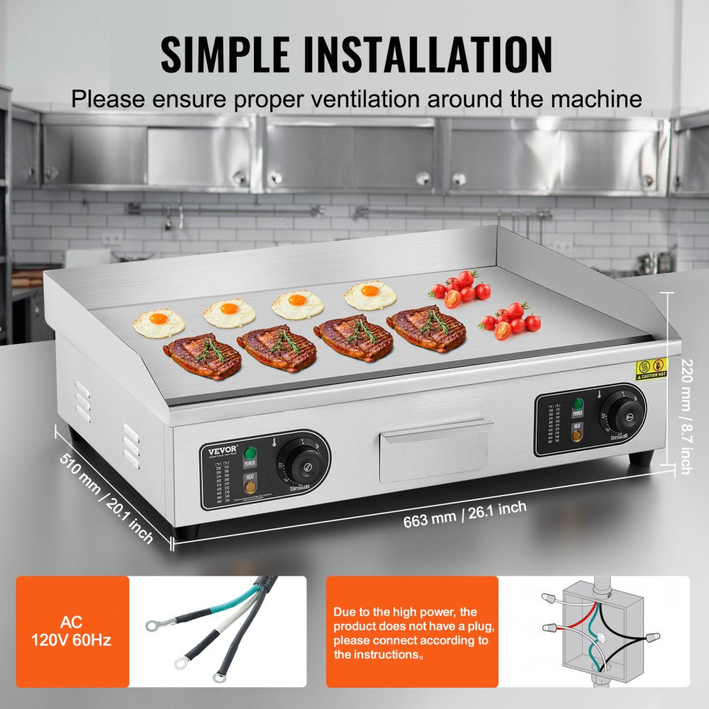 Commercial Electric Griddle, 2800W Countertop Flat Top Grill, 122℉-572 ℉ Adjustable Temp, 25.98 x 15.75 x 0.39in Stainless Steel Griddle Grill with 2 Shovels and 2 Brushes for Home or Restaurant