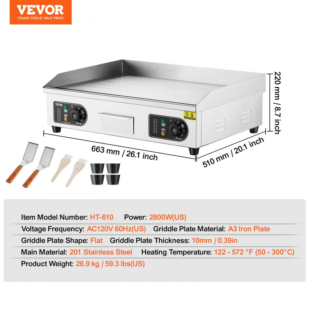 Commercial Electric Griddle, 2800W Countertop Flat Top Grill, 122℉-572 ℉ Adjustable Temp, 25.98 x 15.75 x 0.39in Stainless Steel Griddle Grill with 2 Shovels and 2 Brushes for Home or Restaurant