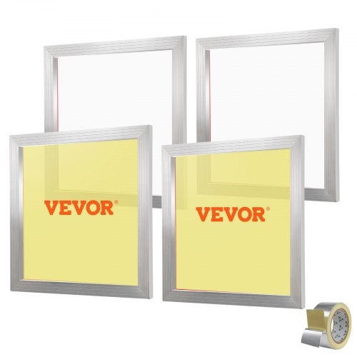 Four 20x20in silver aluminum silk screen frames with 110 mesh and sealing tape.