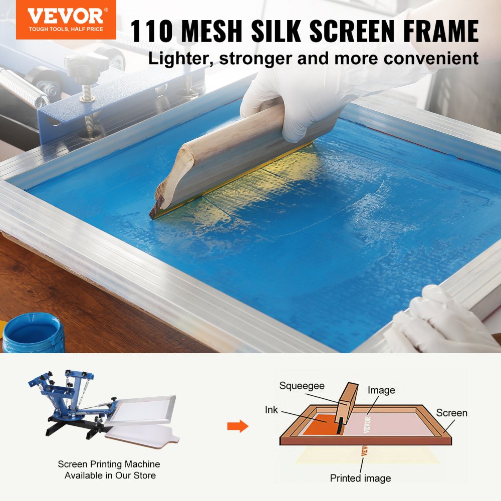 Four 20x20-inch aluminum silk screen frames with 110 mesh for printing, shown with squeegee and ink.