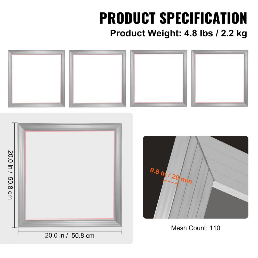 Four 20x20 inch aluminum silk screen frames with 110 mesh for screen printing.