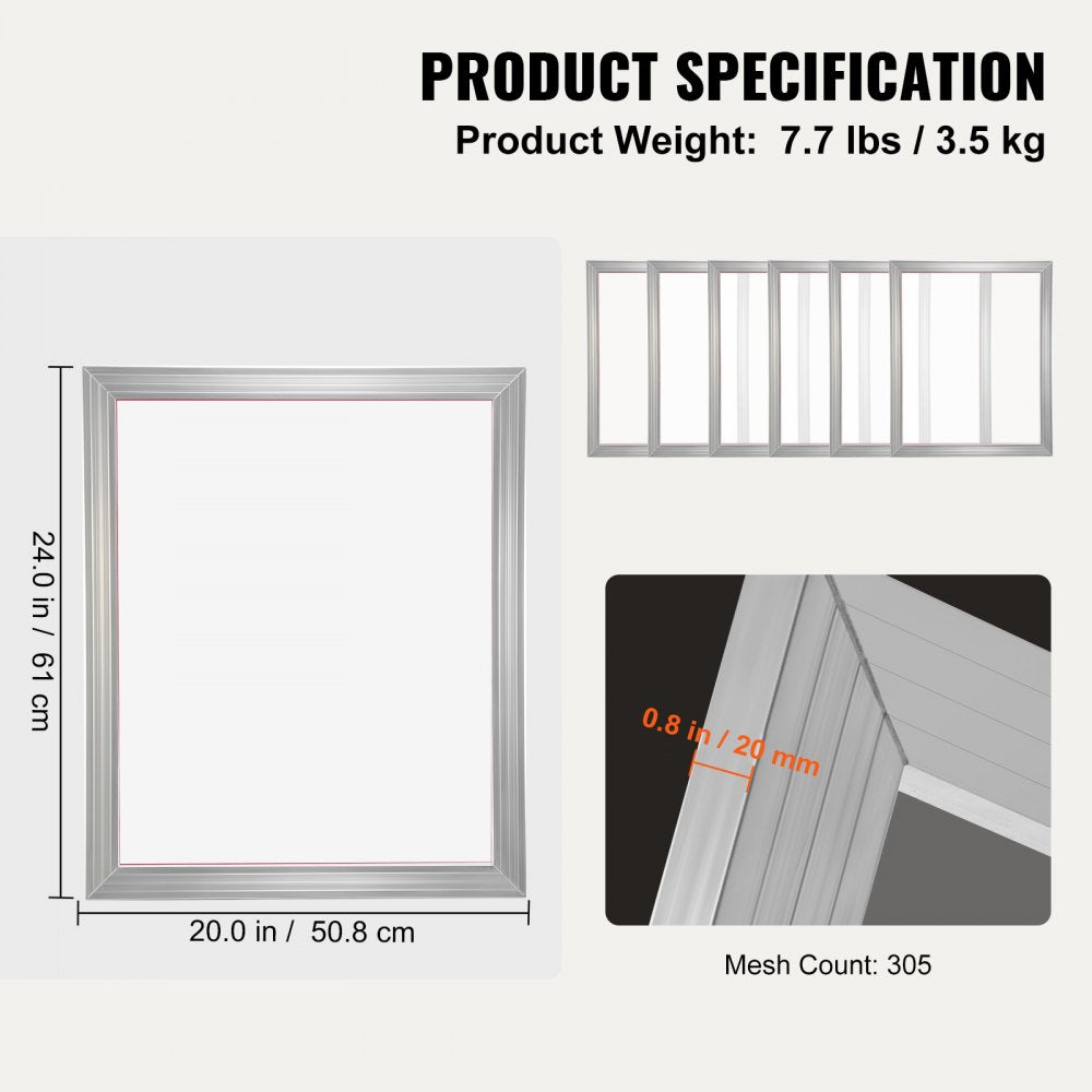 6-piece set of 20x24-inch aluminum silk screen printing frames with 305 mesh, weighing 7.7 lbs.