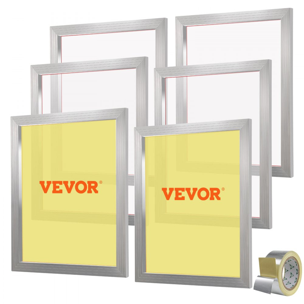 Six 20x24-inch aluminum silk screen printing frames with 305 mesh and silver tape.