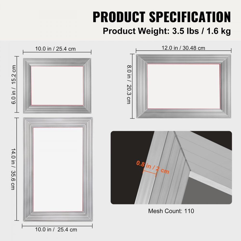 Diagram of Bostome screen printing kit with three aluminum frames: 6x10in, 8x12in, 10x14in, 110 mesh, 3.5lbs, 1.6kg.