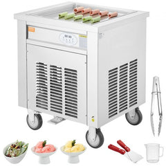 Fried Ice Cream Roll Machine, 19.7" x 19.7" Square Stir-Fried Ice Cream Pan, Stainless Steel Commercial Rolled Ice Cream Maker with Compressor and 2 Scrapers, for Making Ice Cream, Frozen Yogurt