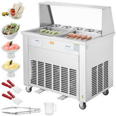 Fried Ice Cream Roll Machine, 2Pcs 13.8" x 13.8" Square Stir-Fried Ice Cream Pans, Stainless Steel Commercial Rolled Ice Cream Maker with Compressor and 4 Scrapers, for Ice Cream, Frozen Yogurt