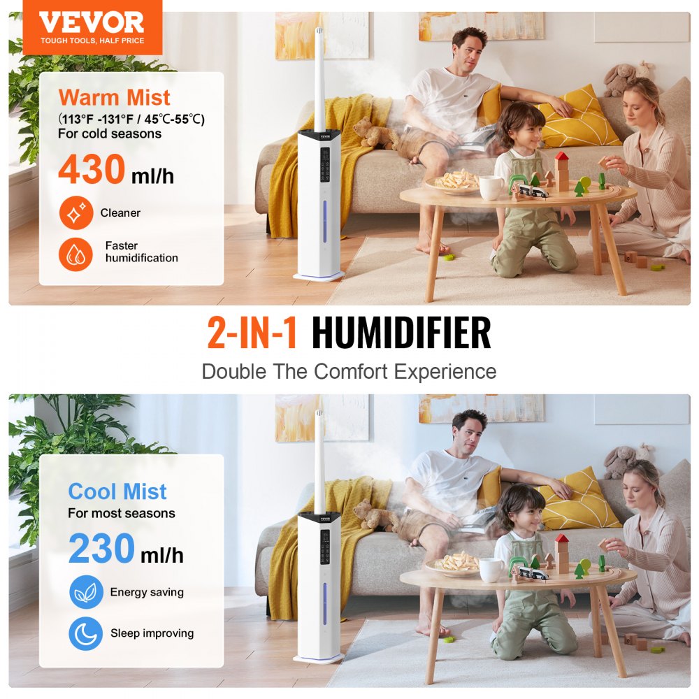 Bostome Commercial Humidifier with a 2.4-gallon tank and cool/warm mist options.