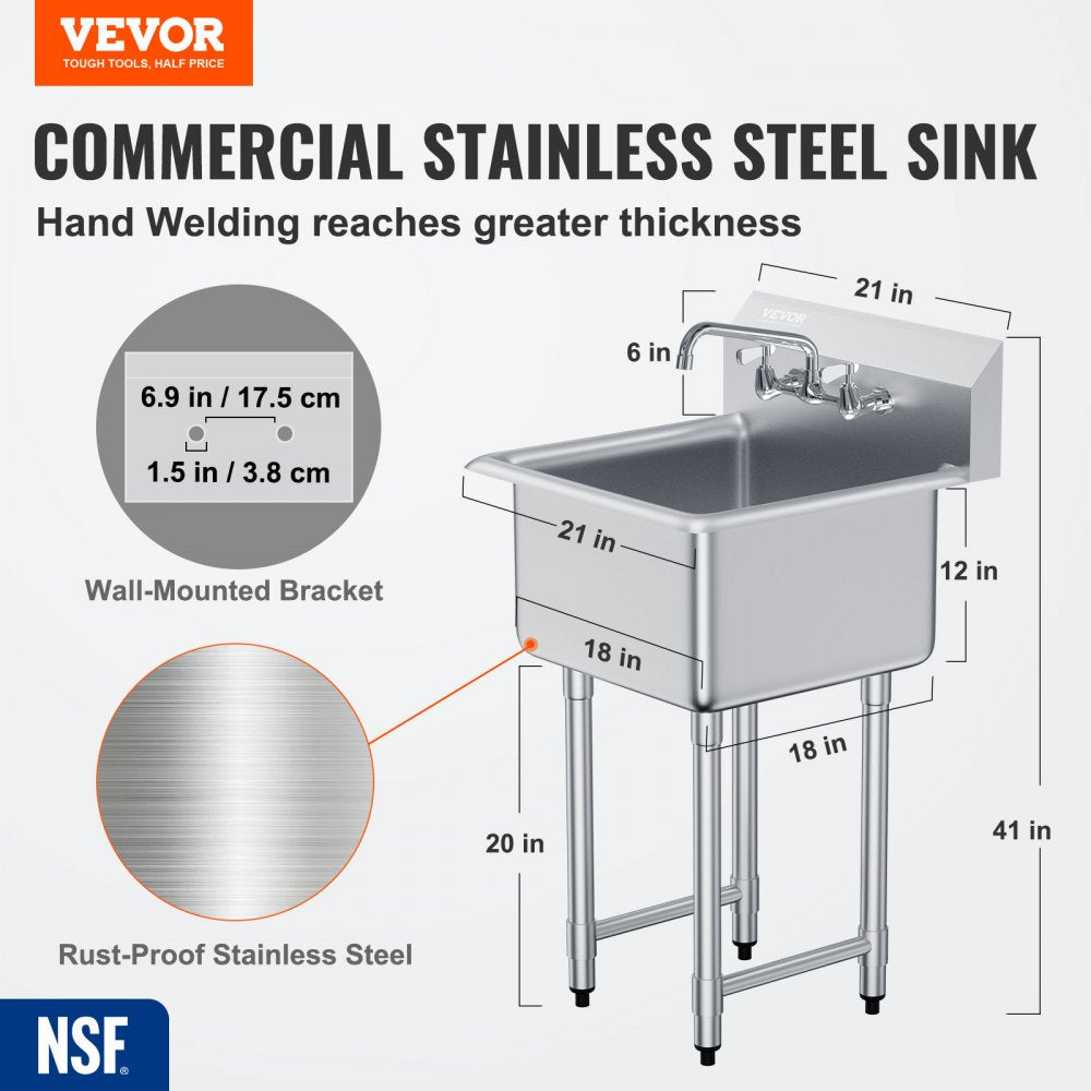 Stainless Steel Prep & Utility Sink, 1 Compartment Free Standing Small Sink Include Faucet & legs, 21"x41" Commercial Single Bowl Sinks for Garage, Restaurant, Kitchen, Laundry, NSF Certified