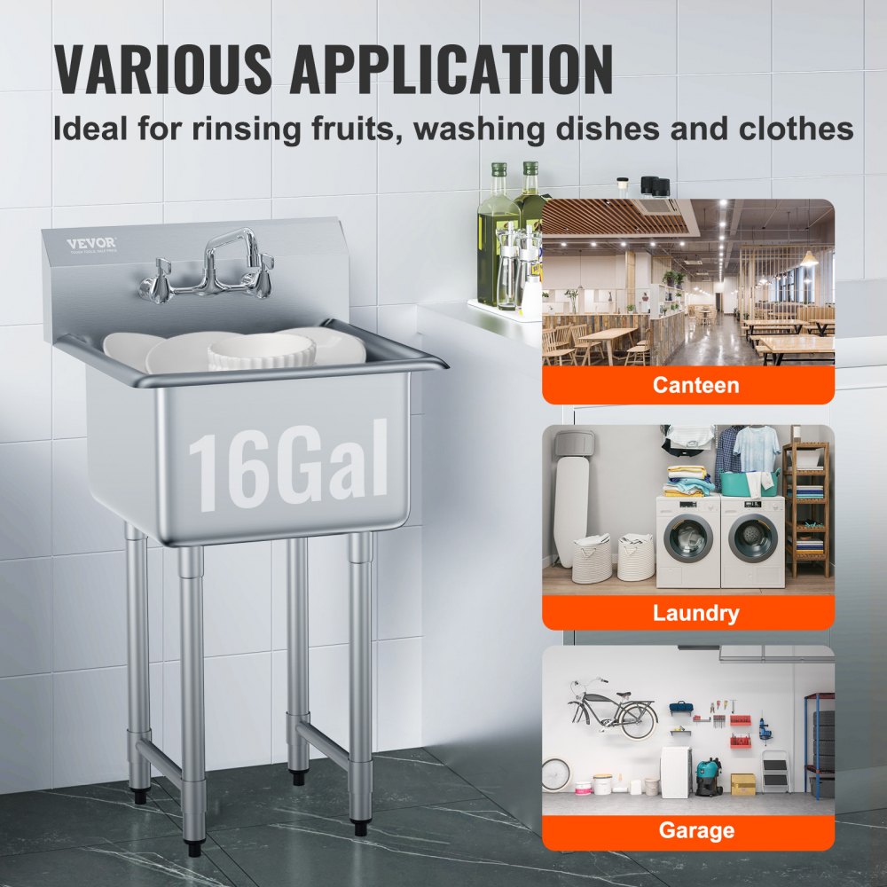 Stainless Steel Prep & Utility Sink, 1 Compartment Free Standing Small Sink Include Faucet & legs, 21"x41" Commercial Single Bowl Sinks for Garage, Restaurant, Kitchen, Laundry, NSF Certified
