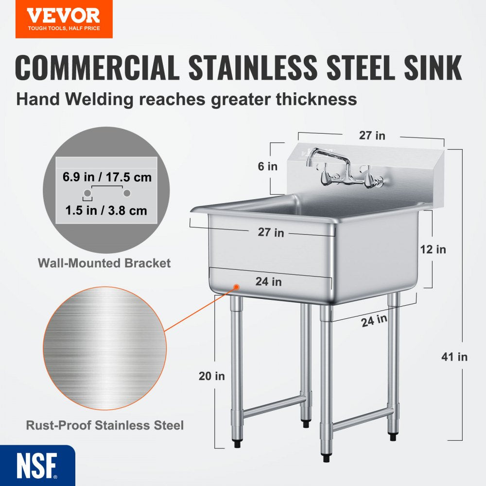 Stainless Steel Prep & Utility Sink, 1 Compartment Free Standing Small Sink Include Faucet & legs, 27"x41" Commercial Single Bowl Sinks for Garage, Restaurant, Kitchen, Laundry, NSF Certified