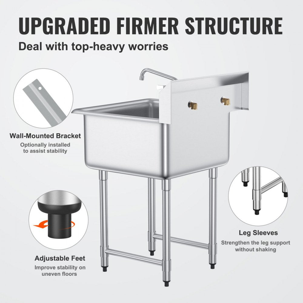 Stainless Steel Prep & Utility Sink, 1 Compartment Free Standing Small Sink Include Faucet & legs, 27"x41" Commercial Single Bowl Sinks for Garage, Restaurant, Kitchen, Laundry, NSF Certified
