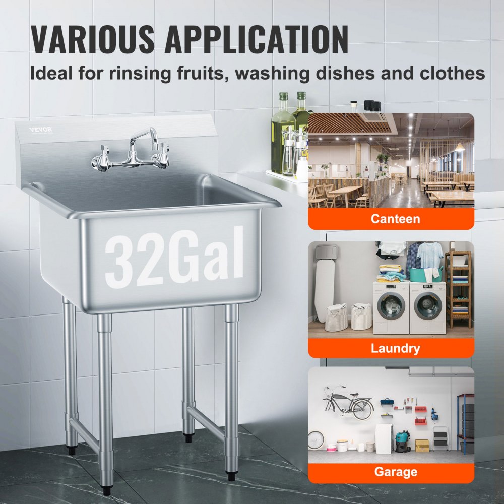 Stainless Steel Prep & Utility Sink, 1 Compartment Free Standing Small Sink Include Faucet & legs, 27"x41" Commercial Single Bowl Sinks for Garage, Restaurant, Kitchen, Laundry, NSF Certified