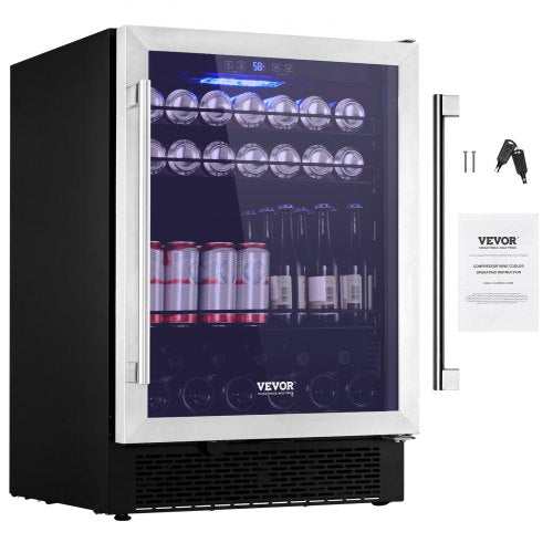 24" Beverage Refrigerator, 154 Cans Under Counter Built-in or Freestanding Beer Cooler Fridge, Blue LED Light, Child Lock, Adjustable Shelves, ETL