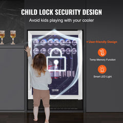 24" Beverage Refrigerator, 154 Cans Under Counter Built-in or Freestanding Beer Cooler Fridge, Blue LED Light, Child Lock, Adjustable Shelves, ETL