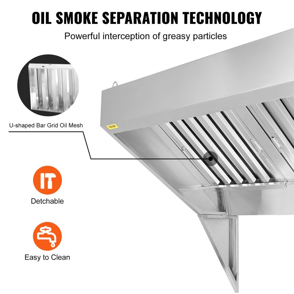 Commercial Exhaust Hood, 4FT Food Truck Hood Exhaust, 201 Stainless Steel Concession Trailer Hood with 2 Detachable U-shaped Grid Oil Filter Mesh, Rust Resistant Vent Hood for Kitchen Restaurant
