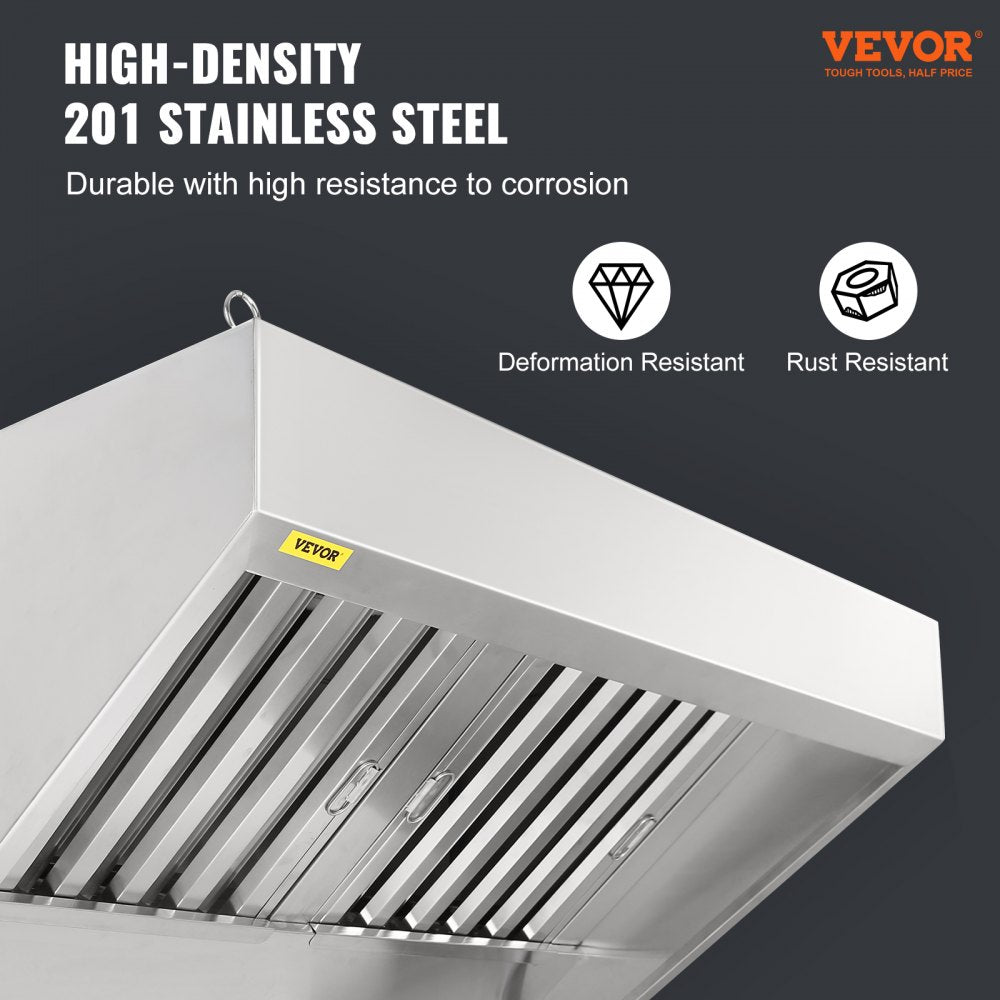 Commercial Exhaust Hood, 4FT Food Truck Hood Exhaust, 201 Stainless Steel Concession Trailer Hood with 2 Detachable U-shaped Grid Oil Filter Mesh, Rust Resistant Vent Hood for Kitchen Restaurant