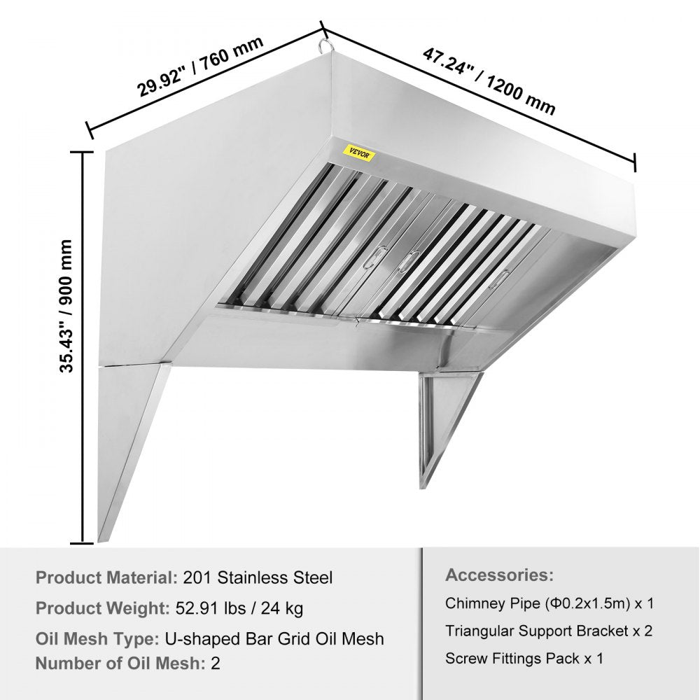 Commercial Exhaust Hood, 4FT Food Truck Hood Exhaust, 201 Stainless Steel Concession Trailer Hood with 2 Detachable U-shaped Grid Oil Filter Mesh, Rust Resistant Vent Hood for Kitchen Restaurant