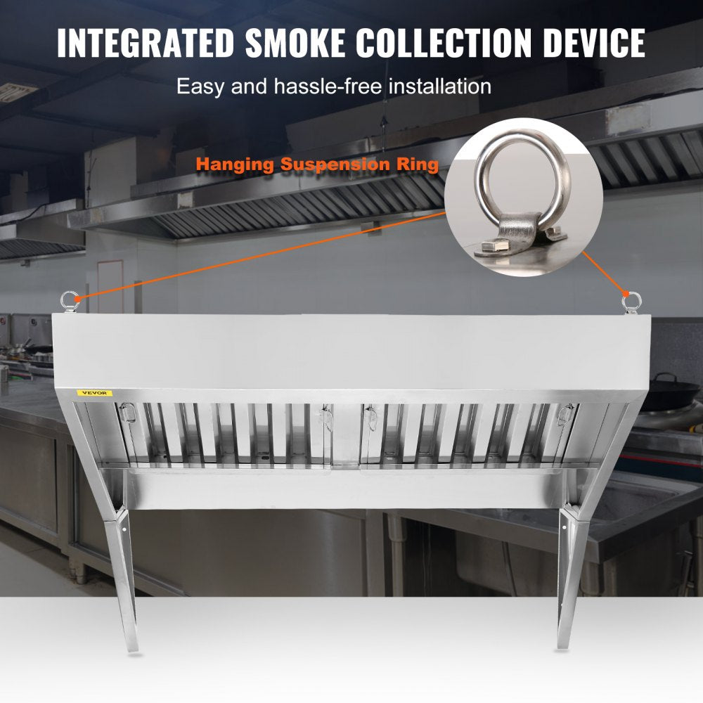 Commercial Exhaust Hood, 5FT Food Truck Hood Exhaust, 201 Stainless Steel Concession Trailer Hood with 2 Detachable U-shaped Grid Oil Filter Mesh, Rust Resistant Vent Hood for Kitchen Restaurant