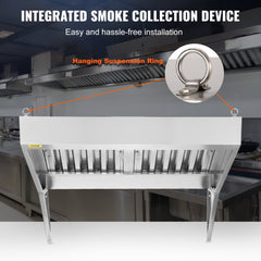 Commercial Exhaust Hood, 5FT Food Truck Hood Exhaust, 201 Stainless Steel Concession Trailer Hood with 2 Detachable U-shaped Grid Oil Filter Mesh, Rust Resistant Vent Hood for Kitchen Restaurant
