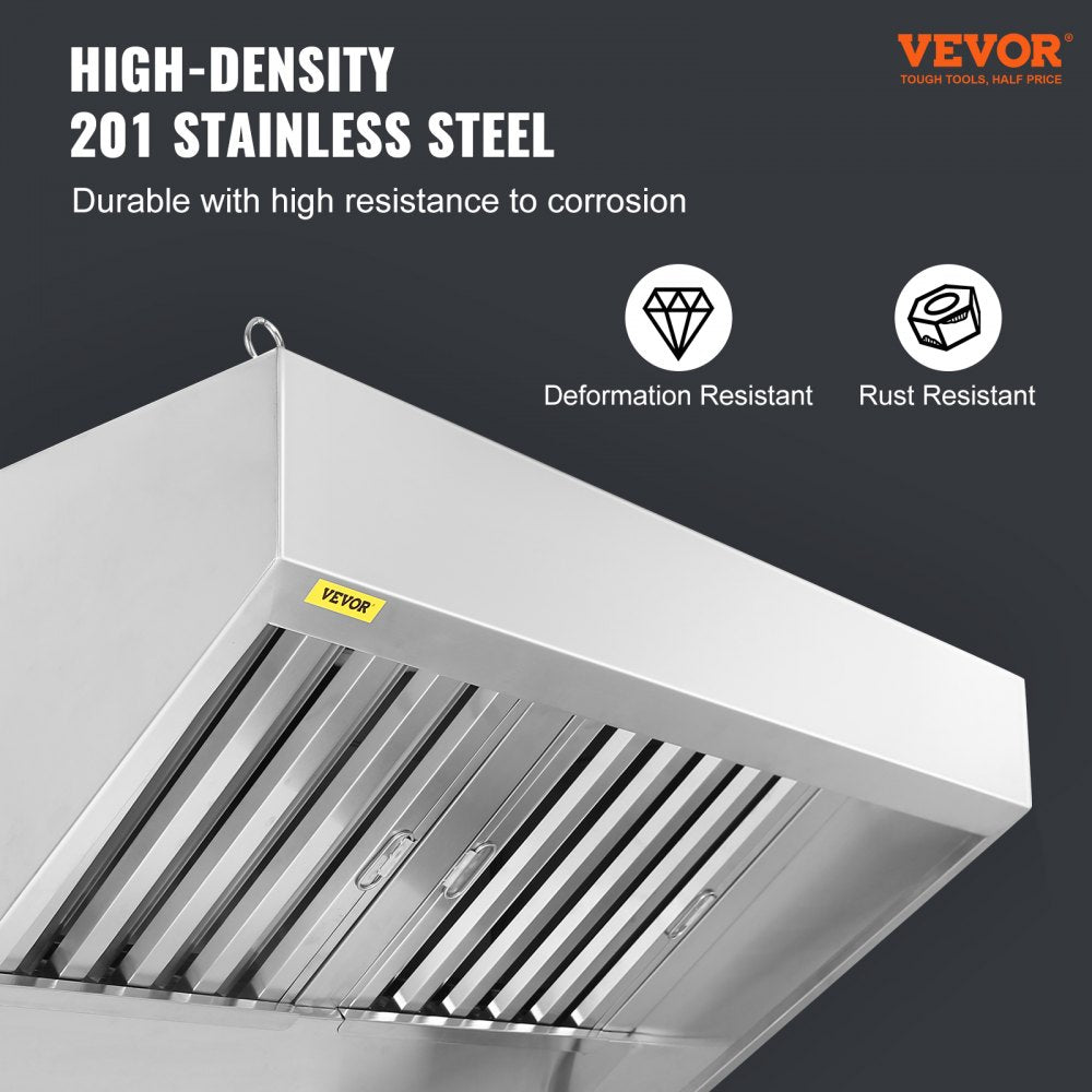 Commercial Exhaust Hood, 5FT Food Truck Hood Exhaust, 201 Stainless Steel Concession Trailer Hood with 2 Detachable U-shaped Grid Oil Filter Mesh, Rust Resistant Vent Hood for Kitchen Restaurant
