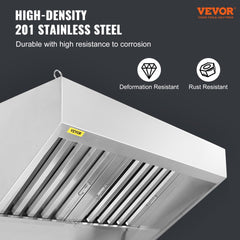 Commercial Exhaust Hood, 5FT Food Truck Hood Exhaust, 201 Stainless Steel Concession Trailer Hood with 2 Detachable U-shaped Grid Oil Filter Mesh, Rust Resistant Vent Hood for Kitchen Restaurant