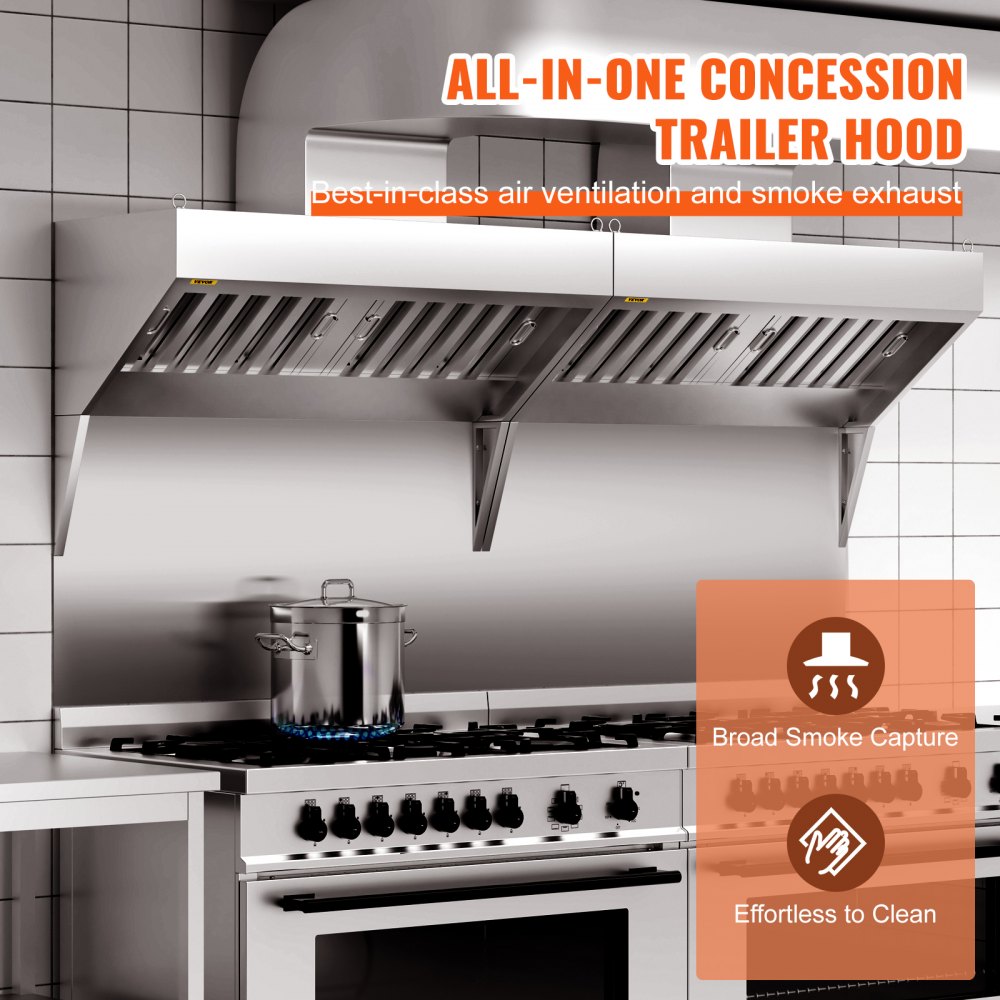 Commercial Exhaust Hood, 7FT Food Truck Hood Exhaust, 201 Stainless Steel Concession Trailer Hood with 3 Detachable U-shaped Grid Oil Filter Mesh, Rust Resistant Vent Hood for Kitchen Restaurant