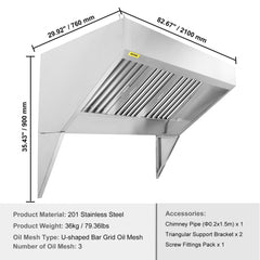 Commercial Exhaust Hood, 7FT Food Truck Hood Exhaust, 201 Stainless Steel Concession Trailer Hood with 3 Detachable U-shaped Grid Oil Filter Mesh, Rust Resistant Vent Hood for Kitchen Restaurant