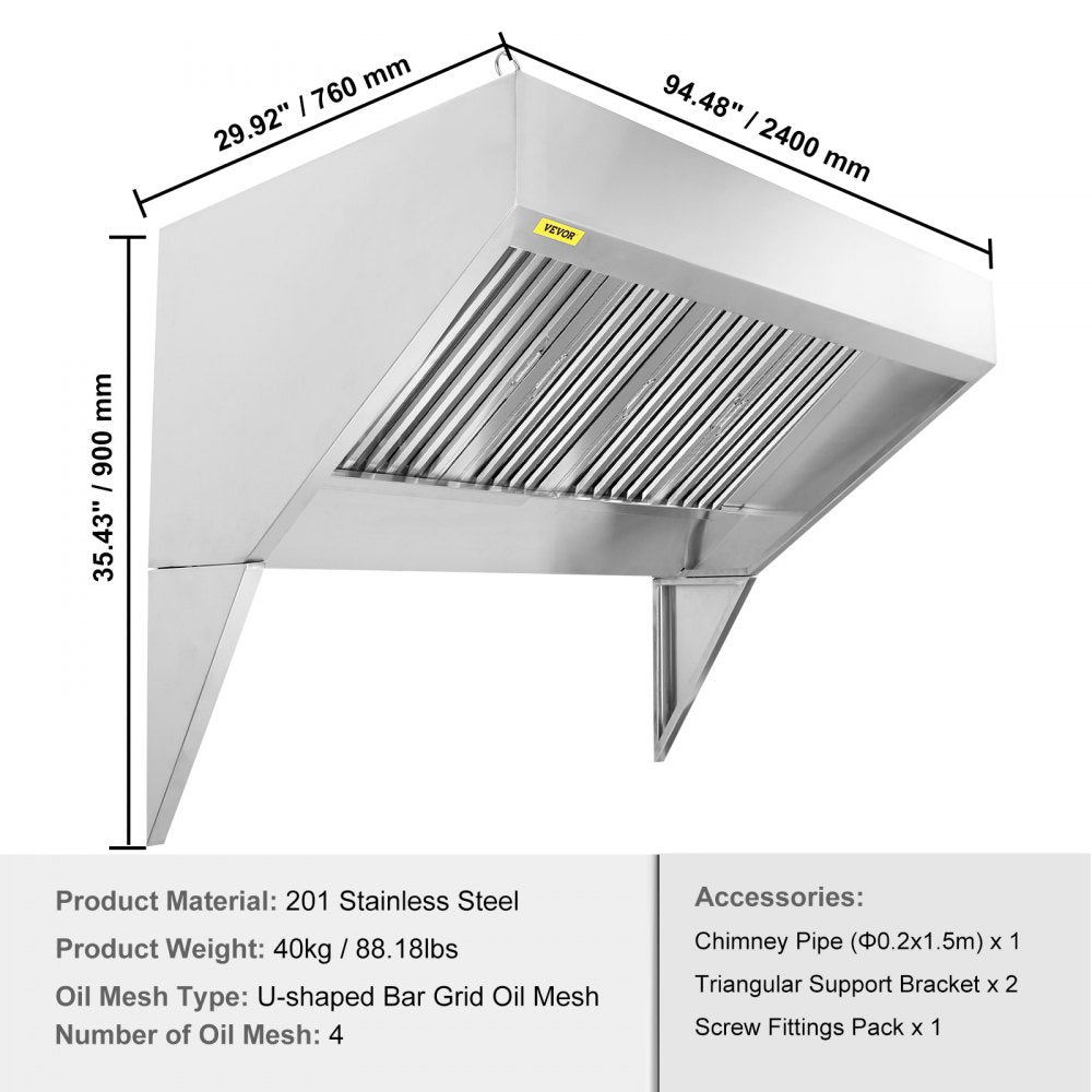 Commercial Exhaust Hood, 8FT Food Truck Hood Exhaust, 201 Stainless Steel Concession Trailer Hood with 4 Detachable U-shaped Grid Oil Filter Mesh, Rust Resistant Vent Hood for Kitchen Restaurant