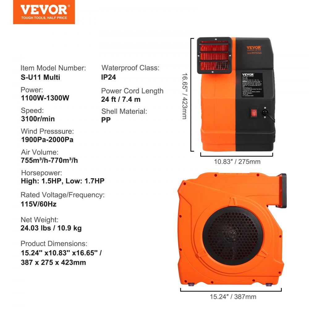 Orange 1100W bounce house blower with specs display, 24 lb, 3100 RPM.