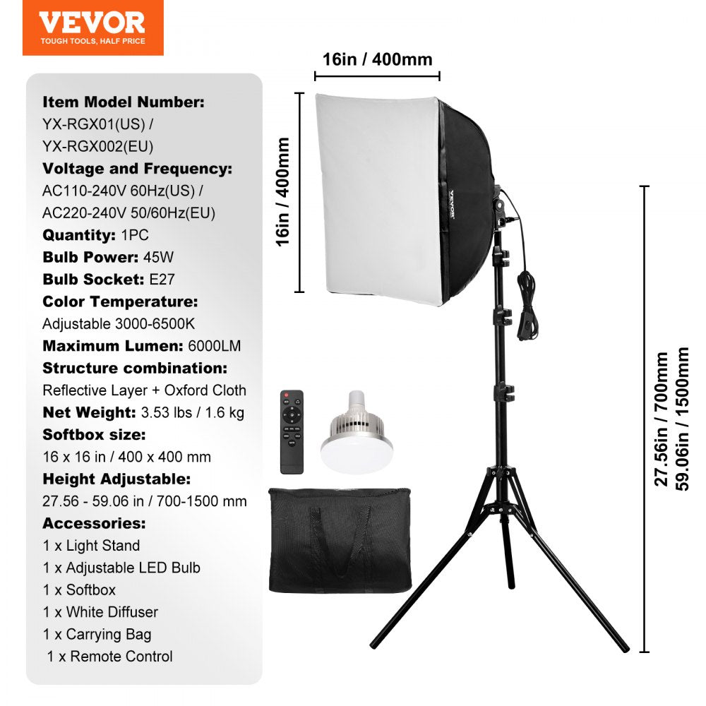 Softbox Lighting Kit 16 in x 16 in 3000-6500K Adjustable for Shooting