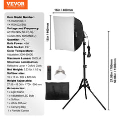 Softbox Lighting Kit 16 in x 16 in 3000-6500K Adjustable for Shooting