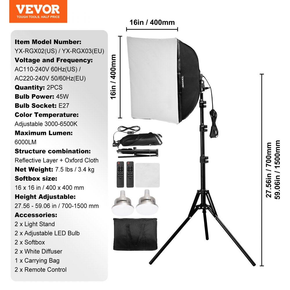 Softbox Lighting Kit 16 in x 16 in 3000-6500K Adjustable for Shooting