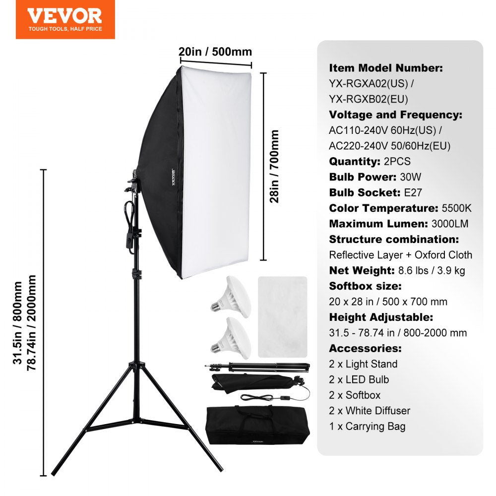 Softbox Lighting Kit 20 in x 28 in 30W 5500K LED Bulbs Adjustable Stand