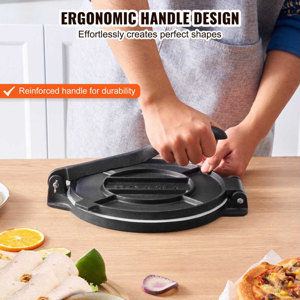 Tortilla Press, 10 Inch Tortilla and Roti Maker, Cast Iron Heavy Duty Tortilladora Press, Pre-Seasoned Pataconera Maker with 100 Pcs Parchment Paper, Dough Maker for Flour Tortilla, Tawa, Silver