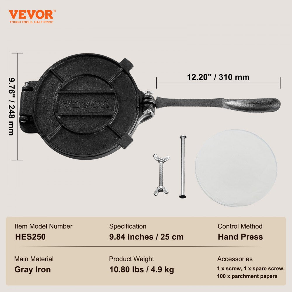 Tortilla Press, 10 Inch Tortilla and Roti Maker, Cast Iron Heavy Duty Tortilladora Press, Pre-Seasoned Pataconera Maker with 100 Pcs Parchment Paper, Dough Maker for Flour Tortilla, Tawa, Silver