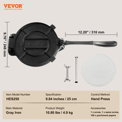 Tortilla Press, 10 Inch Tortilla and Roti Maker, Cast Iron Heavy Duty Tortilladora Press, Pre-Seasoned Pataconera Maker with 100 Pcs Parchment Paper, Dough Maker for Flour Tortilla, Tawa, Silver