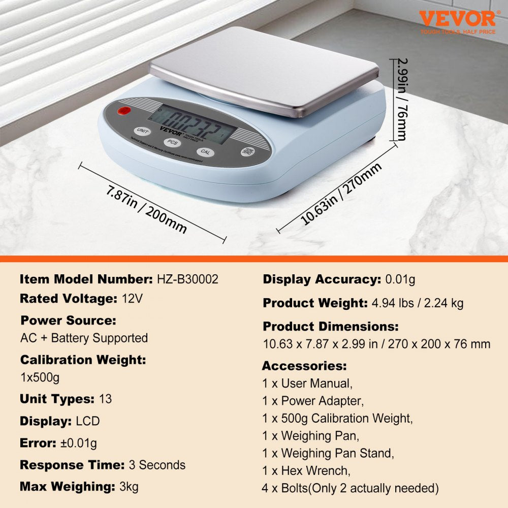 Analytical Balance Lab Scale 3000g x 0.01g 13 Units Conversion Electronic