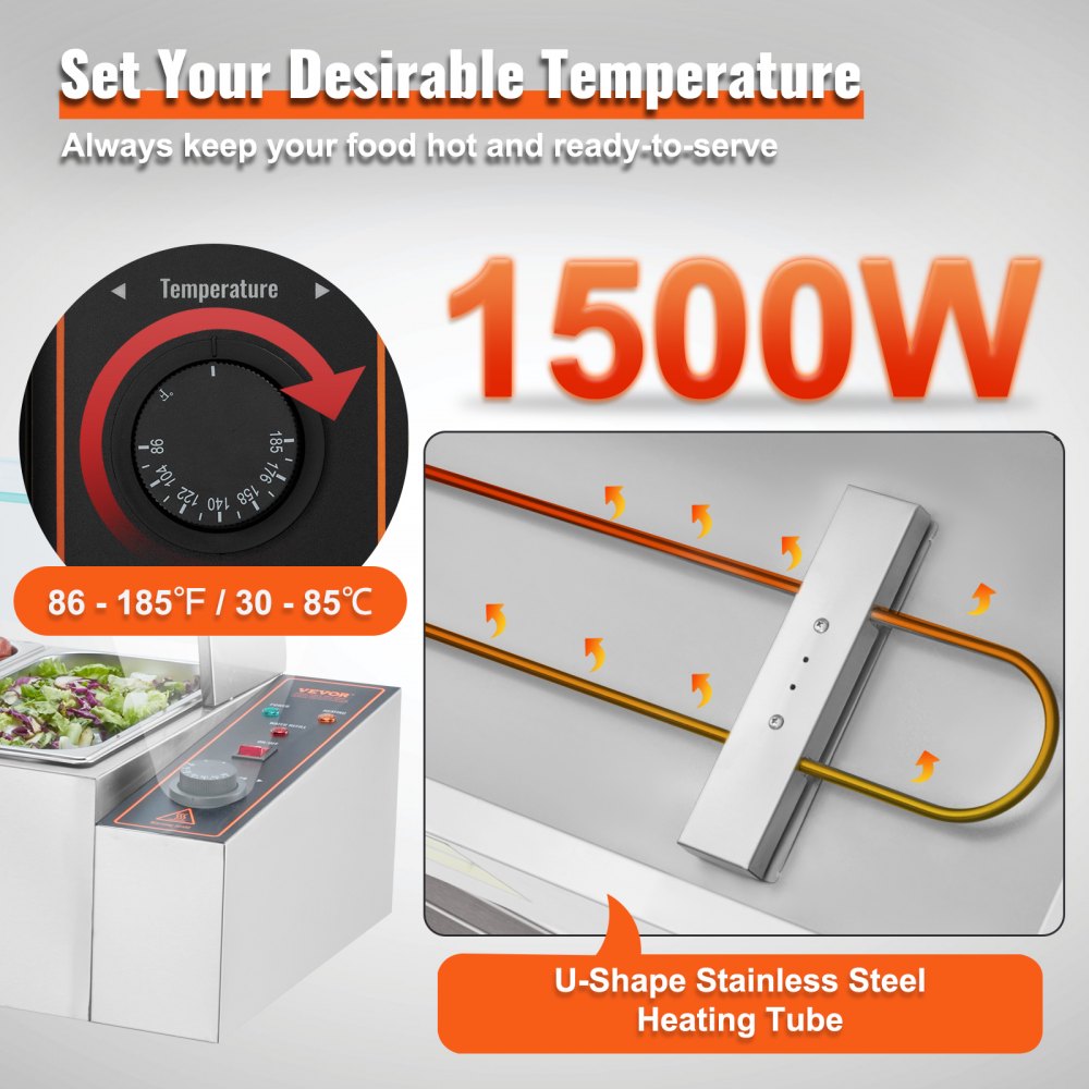 Commercial Electric Food Warmer Countertop Buffet 6*5Qt with Glass Shield