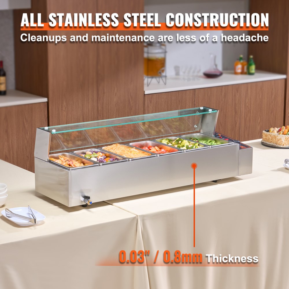 Commercial Electric Food Warmer Countertop Buffet 6*5Qt with Glass Shield