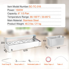 Commercial Electric Food Warmer Countertop Buffet 6*5Qt with Glass Shield