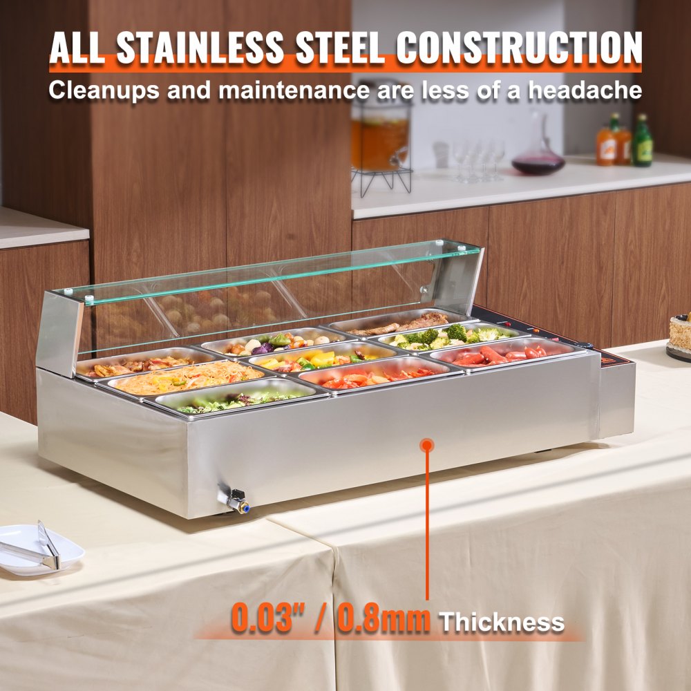 Commercial Electric Food Warmer Countertop Buffet 9*5Qt with Glass Shield