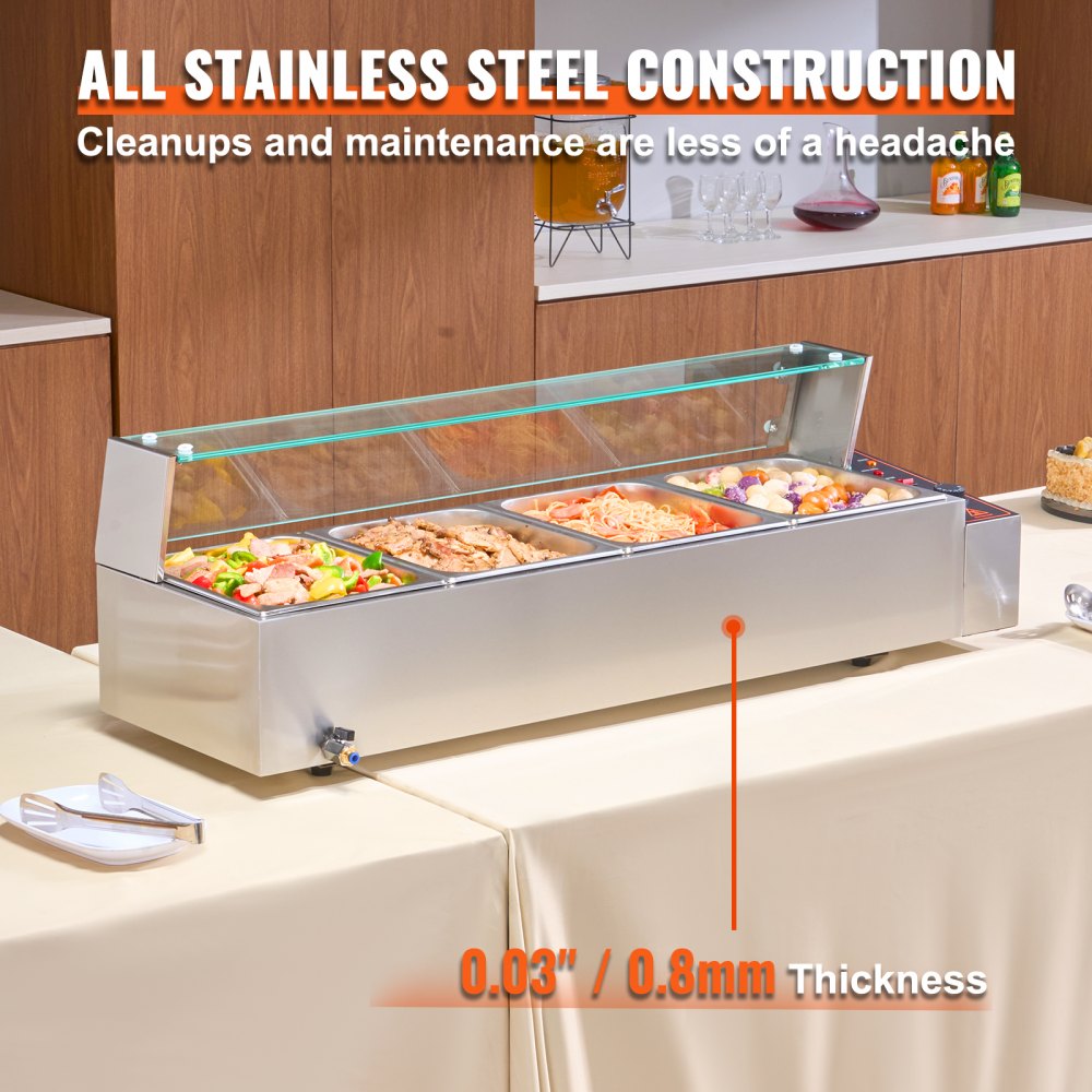 Commercial Electric Food Warmer Countertop Buffet 4*8Qt with Glass Shield